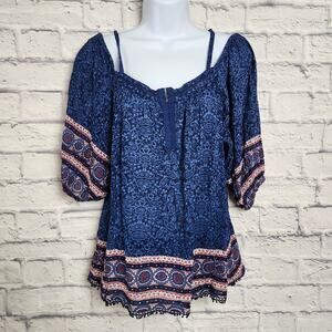Japna Top Womens Size Small Cold Shoulder Boho Blue